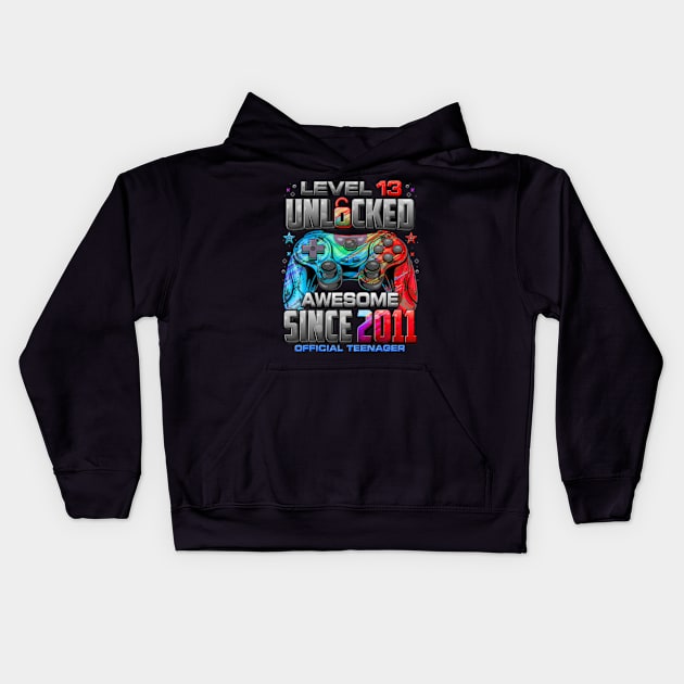 Level 13 Unlocked Awesome Since 2011 13th Birthday Gaming Kids Hoodie by Cristian Torres